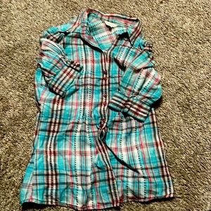 Maurices women’s small shirt button up turquoise brown and cream great condition